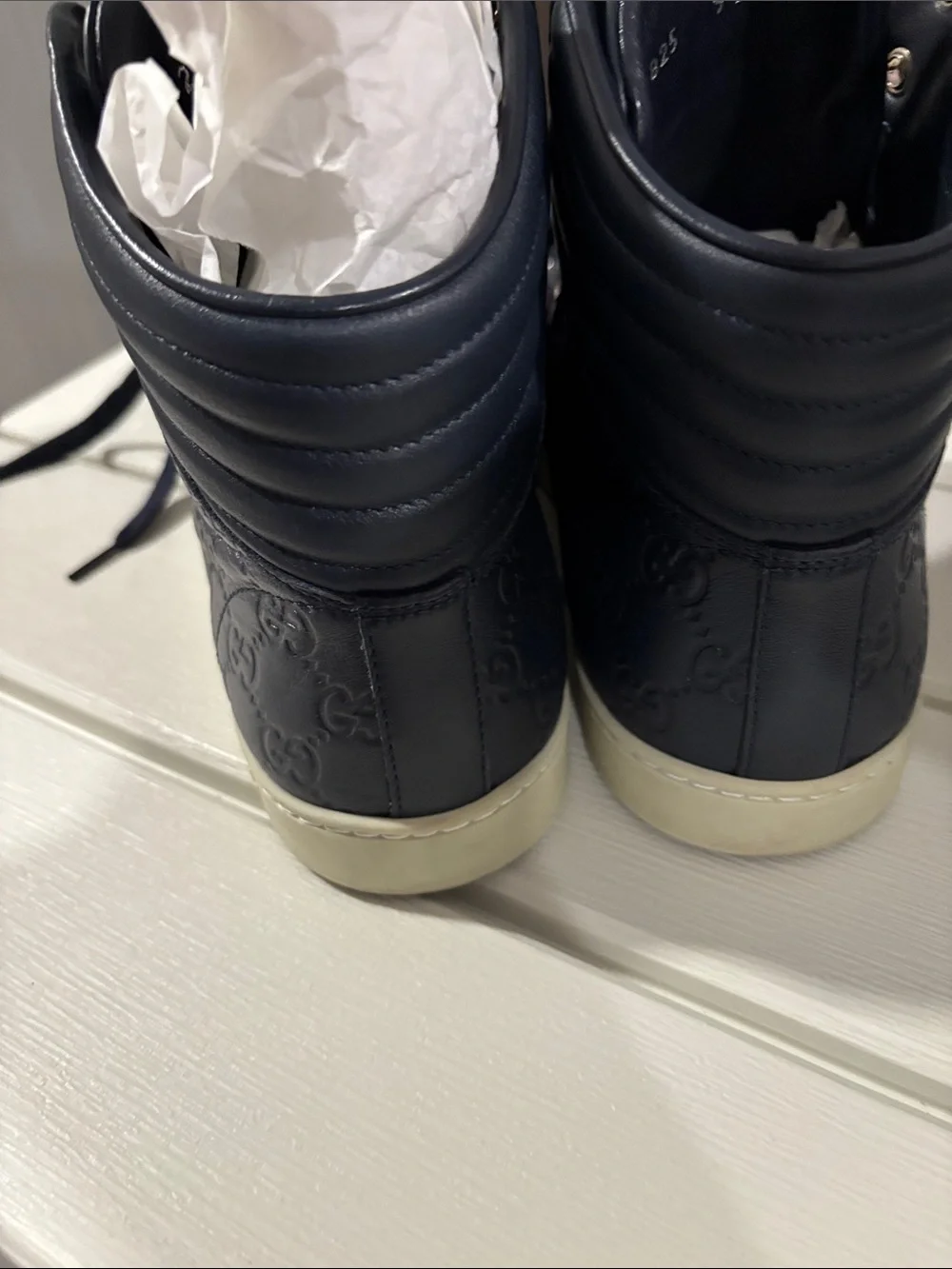 Gucci Navy High-Top Sneakers with Red Stripe